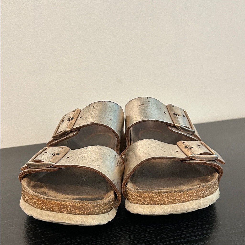 Birkenstock Metallic Silver Double Buckle Sandals